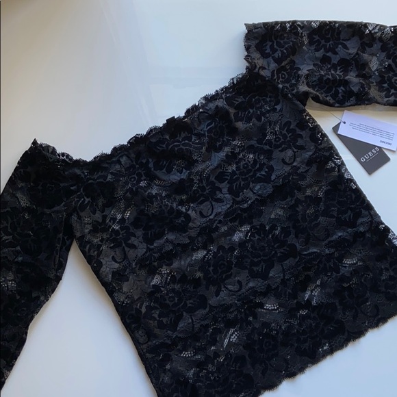 NWT Guess Black Kristy Off-The-Shoulder Lace Top - Picture 2 of 9